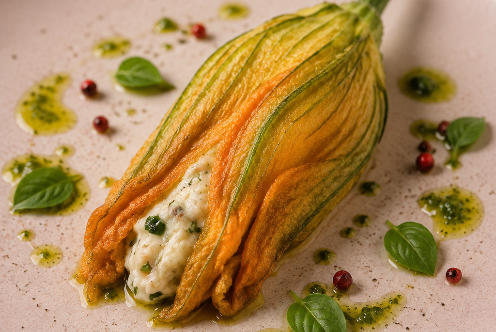 fiore di zucca ripieno alla romanesca vegano e senza lattosio di fefino