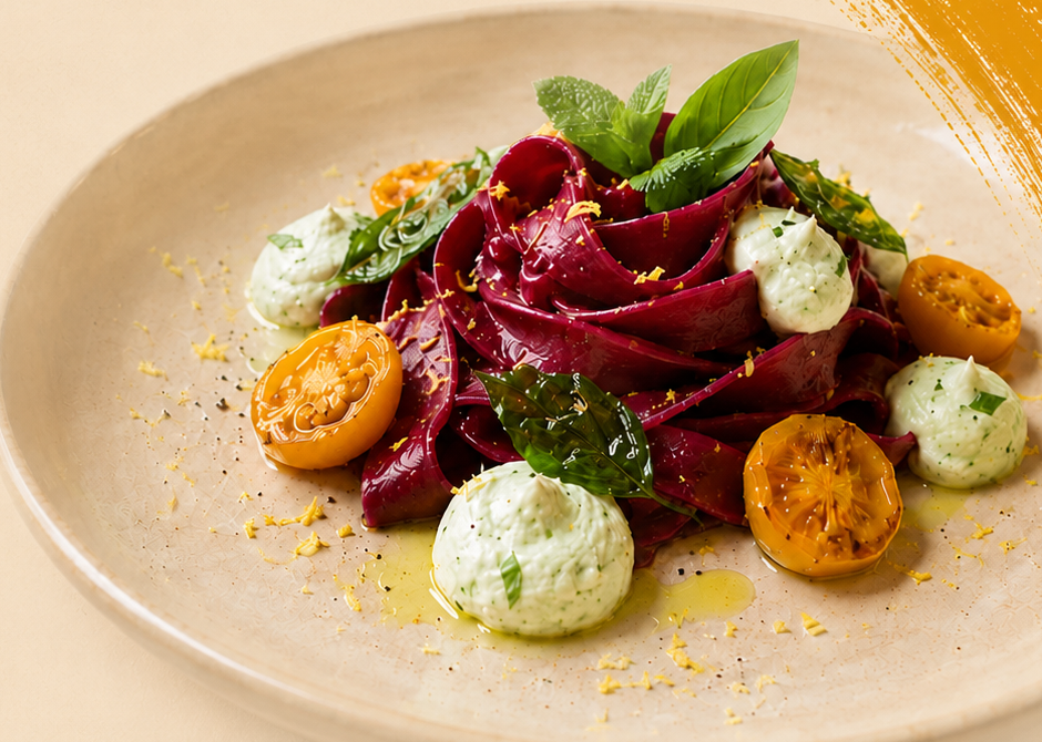 Pappardelle alla rapa rossa con mousse alla menta e pomodorini gialli confit – Fefino ristorante a Trani